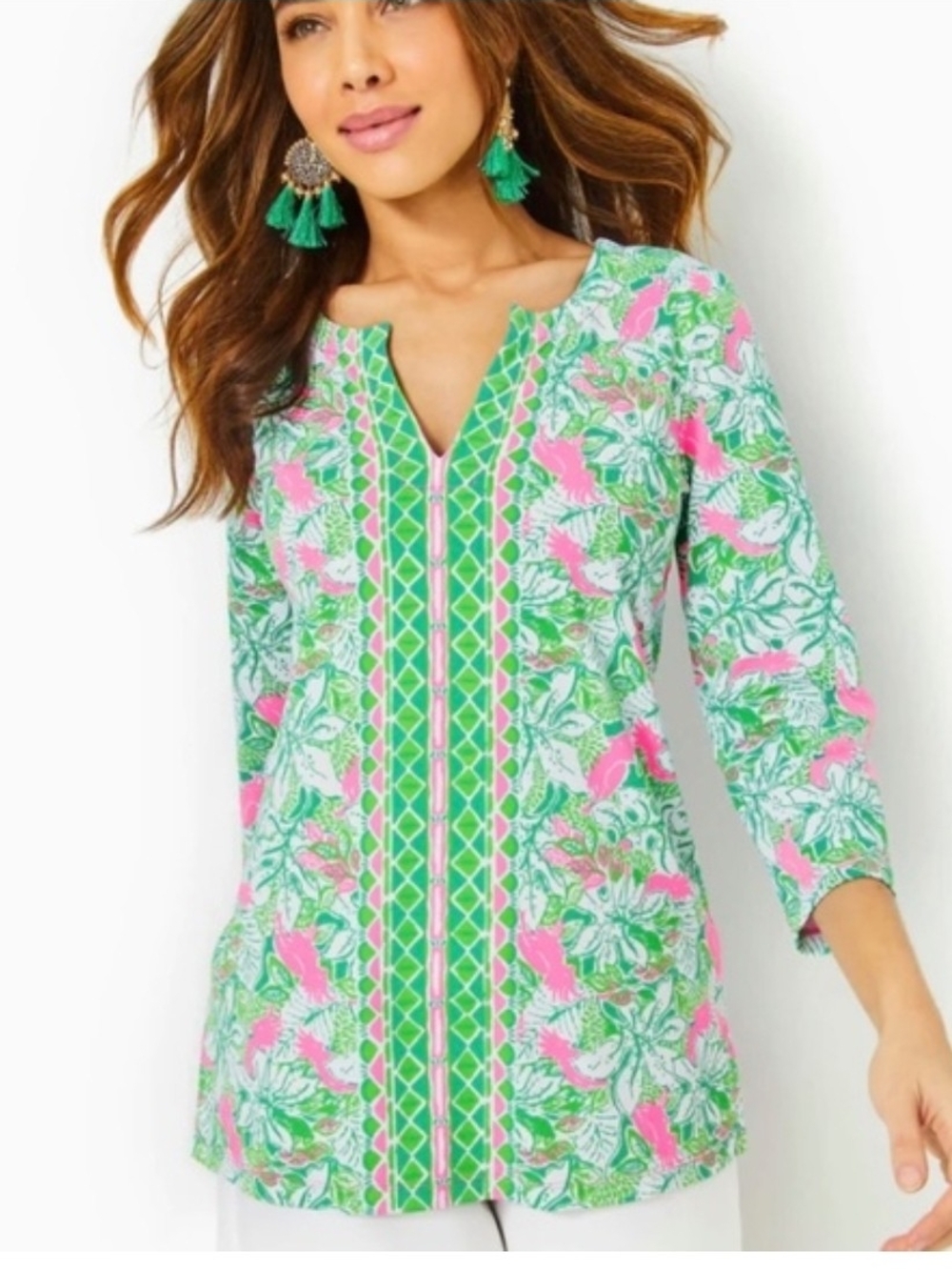 Lilly Pulitzer ChillyLilly Karina Tunic "Just Wing It" Botanical Blouse Size L
